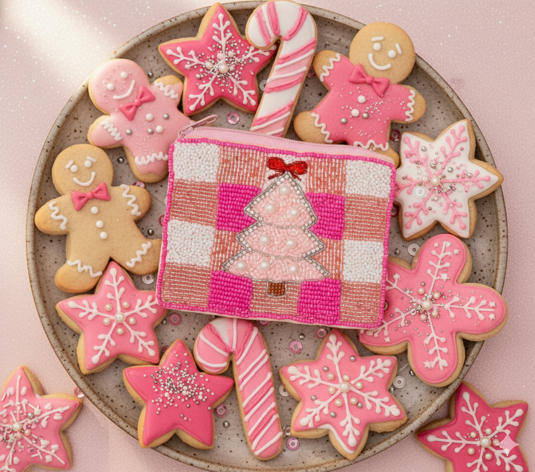 Pink Christmas Tree Beaded Pouch