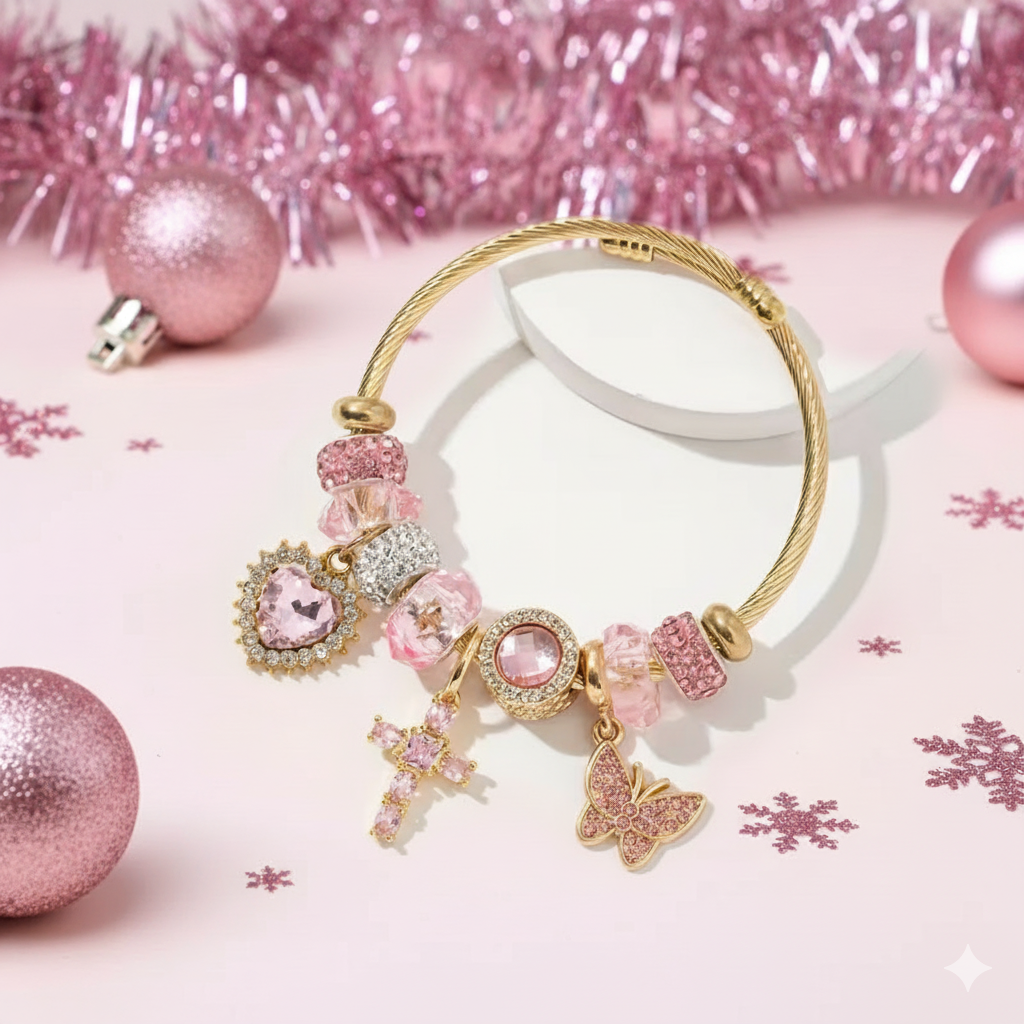 Golden Pink Princess Bracelet – Rhinestone Charm Edition