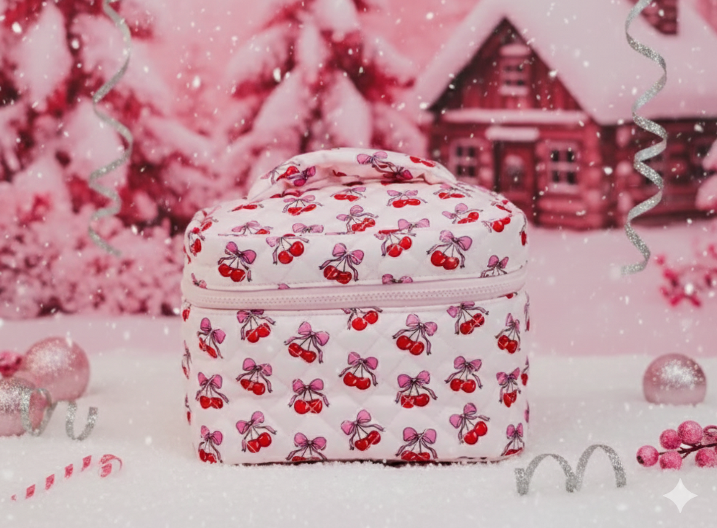 “Cherries & Bows” Pink Makeup Bag